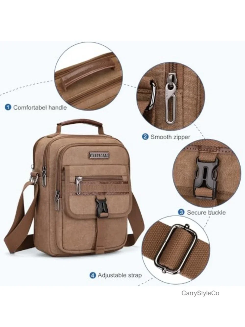 Canvas Crossbody Messenger Bag Men's Adjustable Strap Multiple Pockets